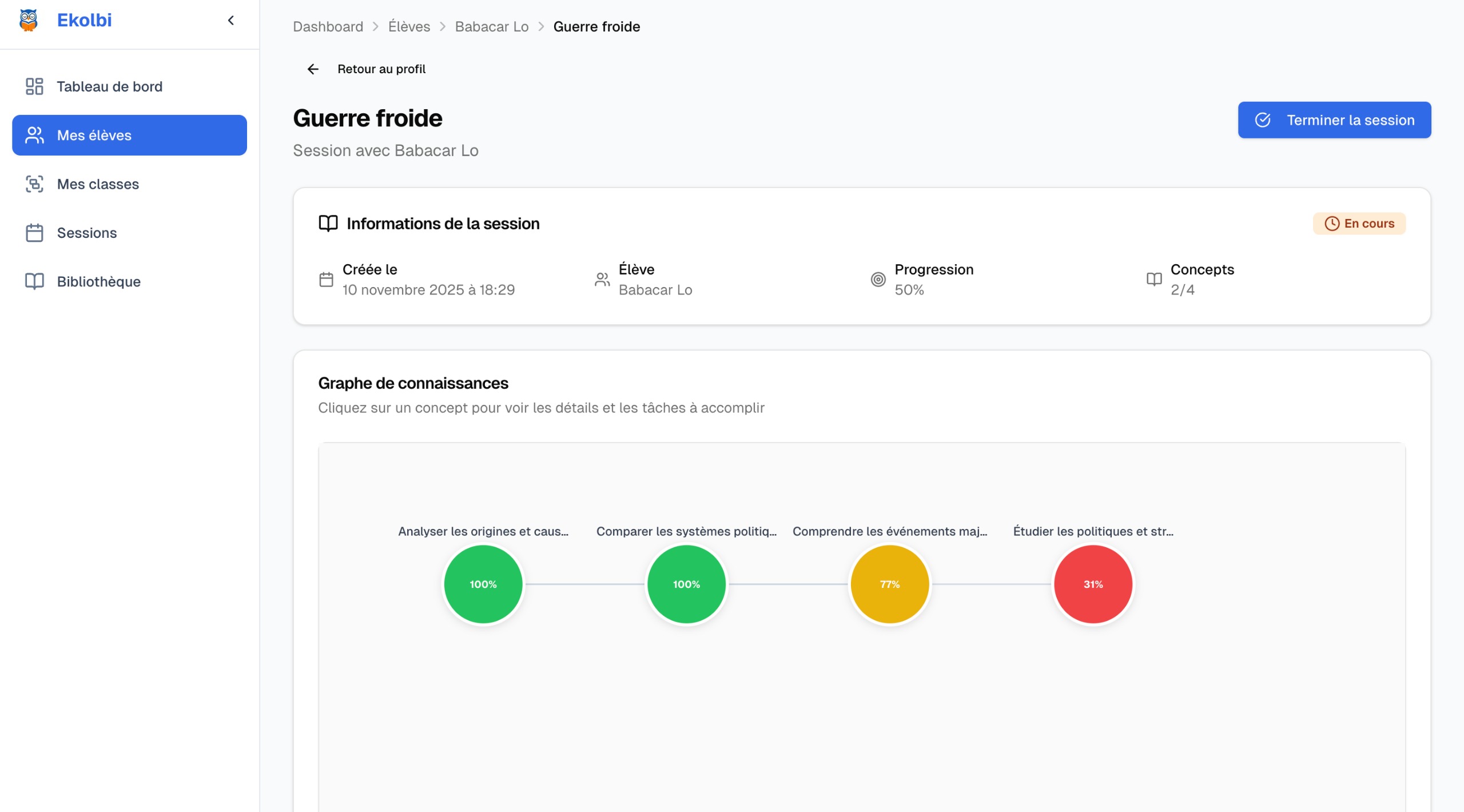 Interface Ekolbi - Session d'enseignement en cours avec contenu personnalisé